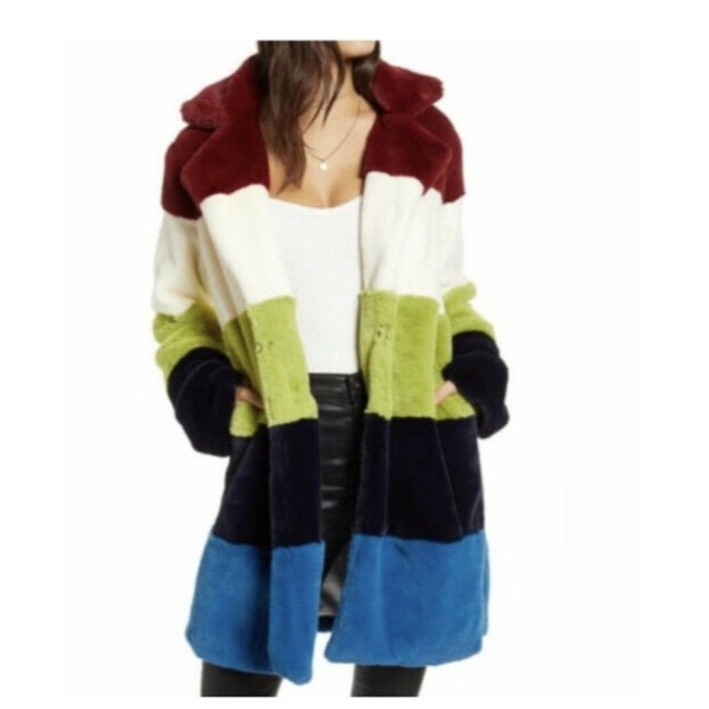 Blank NYC Woman’s‎ Tan Multi Color Super Nova Super Soft Faux Fur Coat SZ M